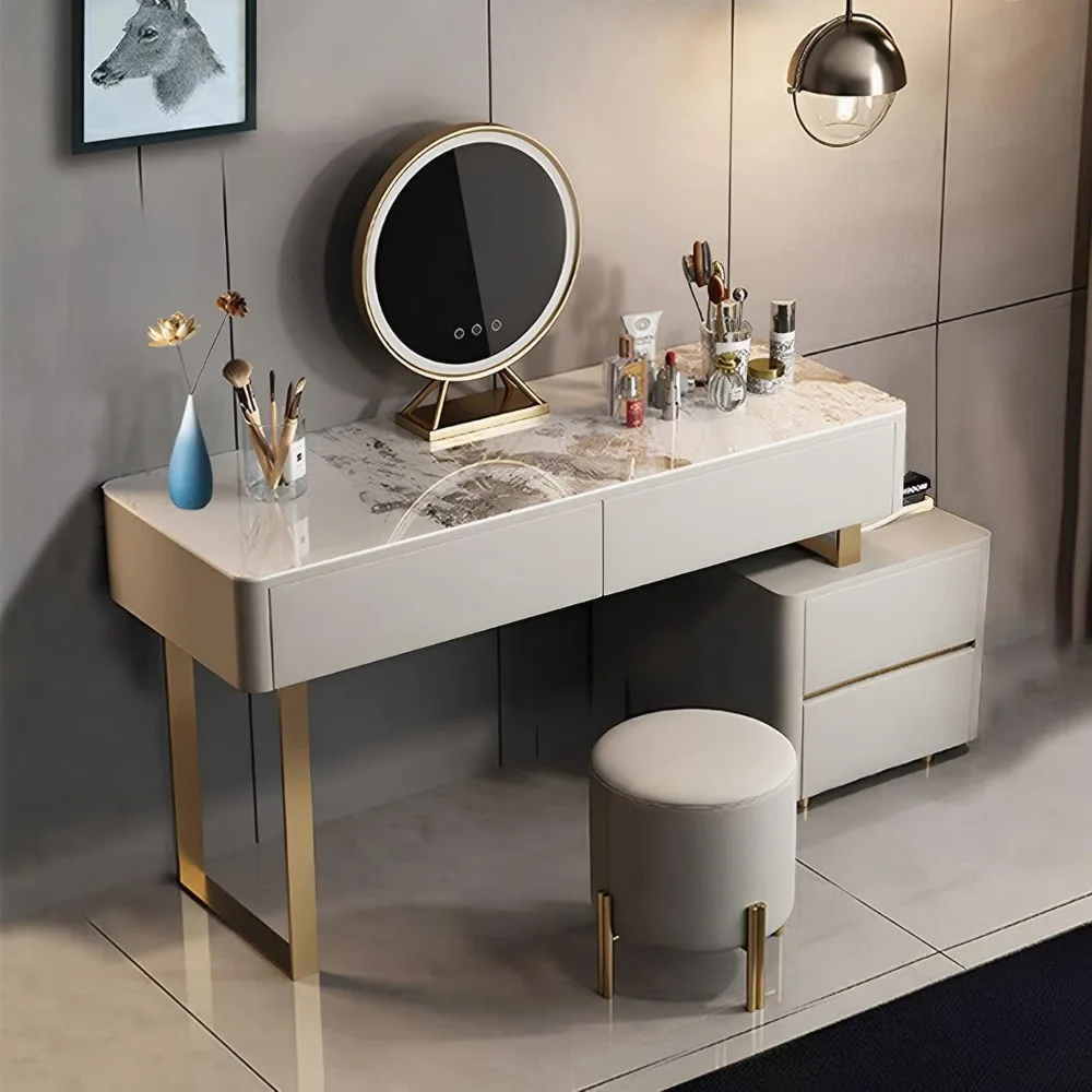 

47.2" Makeup Vanity Table with Chair and Lighted Mirror, Vanity Desk with 4 Drawers, Sintered Stone Tabletop, Scratch-Resistant