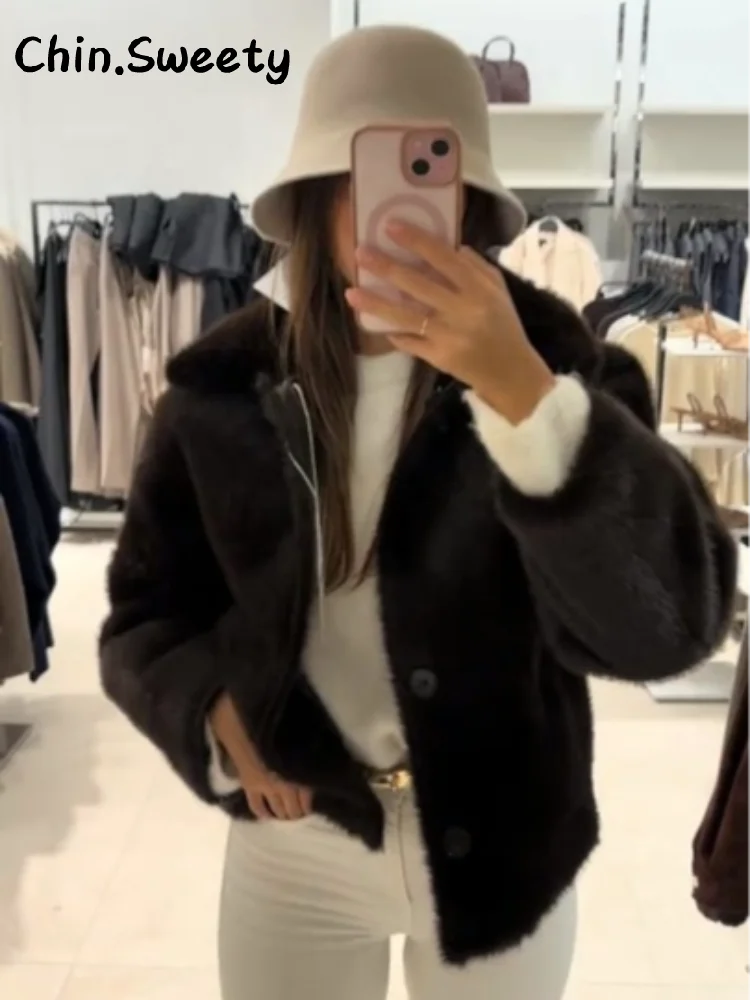 معاطف جلدية نسائية دافئة قابلة للعكس مع طية صدر السترة فضفاضة وأكمام طويلة وجيوب واحدة معطف لخريف وشتاء 2025 ملابس خارجية للسيدات #1