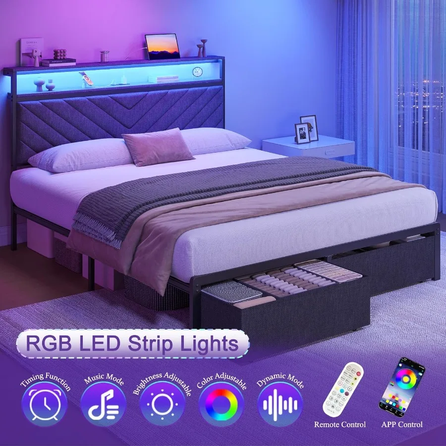 Queen Bed Frame with 2 Drawers Upholstered Headboard with Storage and Charging Station LED Lights Fabric Drawers with Wheels Un - Image 3