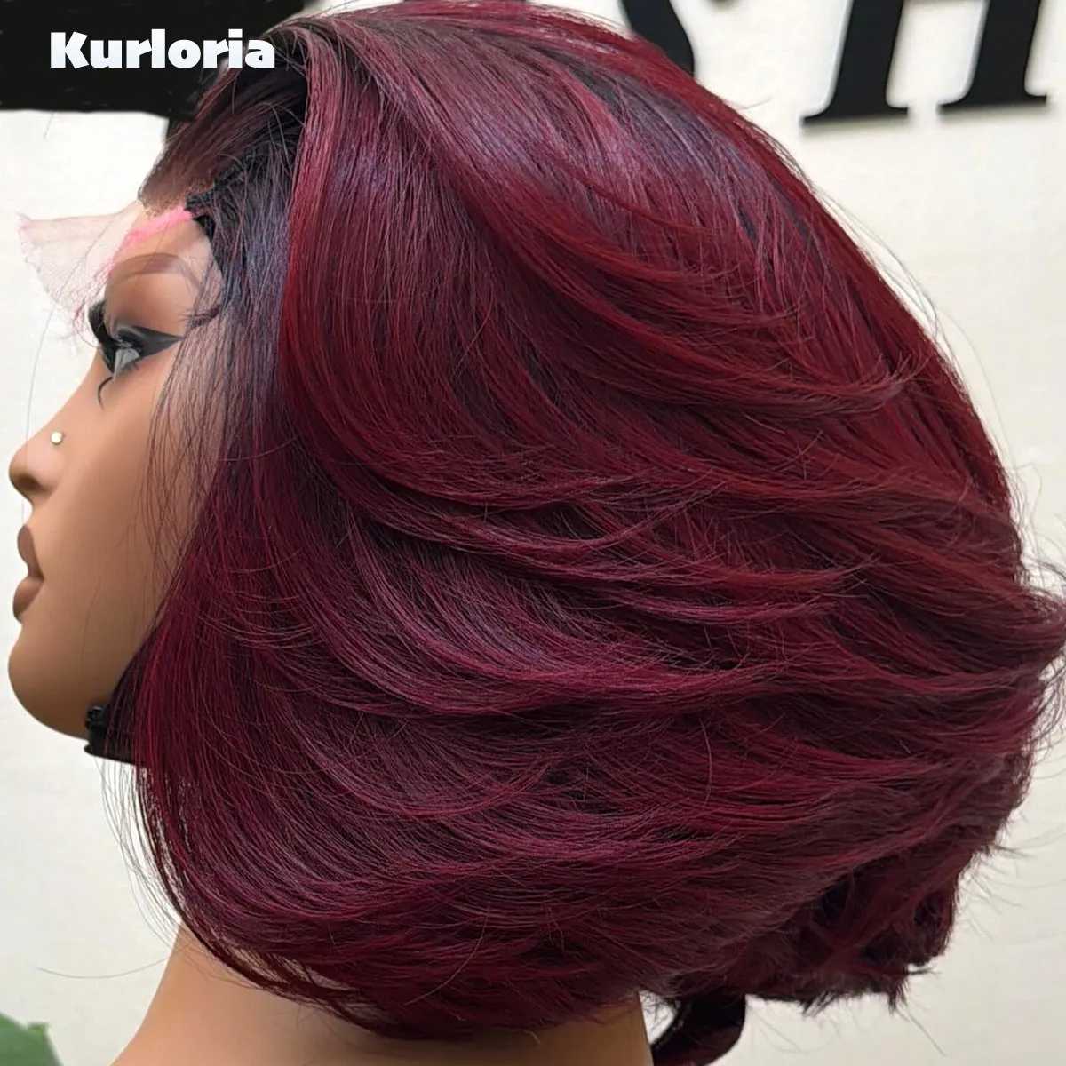 Black Root Burgundy Ombre Layered Bob Natural Wave 5by5 HD Lace Closure Wig Human Hair 13x4 HD Lace Glueless Wig Ready to Wear