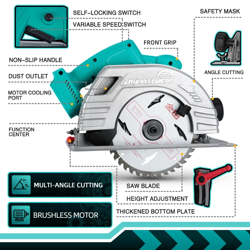 Wosai-serra circular elétrica sem escova, 20v, retirada de corte para madeira, lâmina de 7 polegadas