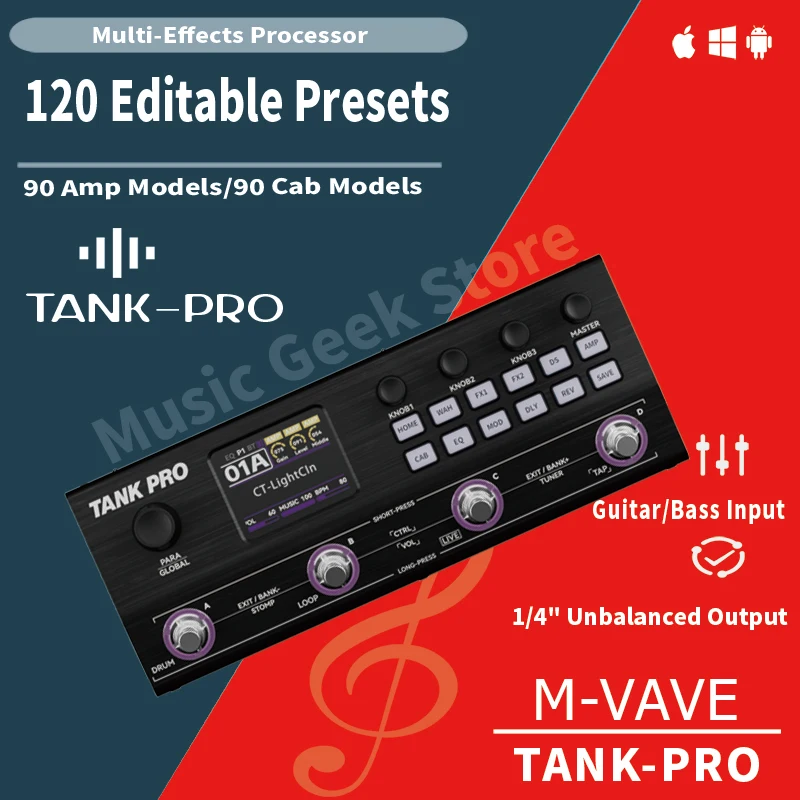 Processador de Multi-Efeitos M-VAVE TANK PRO, 120 Presets, 90 Amp+90 Cab, 300+ FX, Looper de 150s, 60 Ritmos, 10 Módulos, XLR