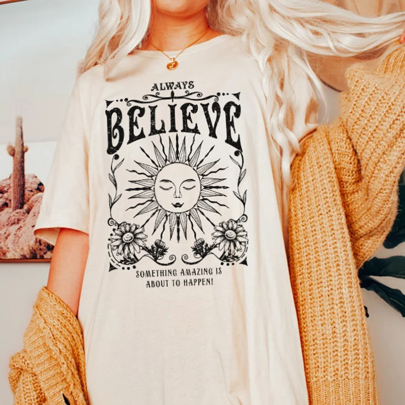 Vintage Witch Tee Shirt Always Believe Women Oversized Inspirational T Shirt Retro Celestial Mystical T-Shirts Hippie Boho Tops