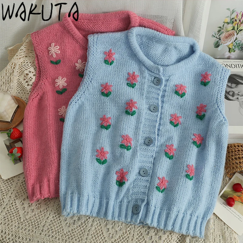 WAKUTA O collo ricamo maglione floreale gilet donna blu rosa Vintage dolce lavorato a maglia canotte monopetto senza maniche Cardigan