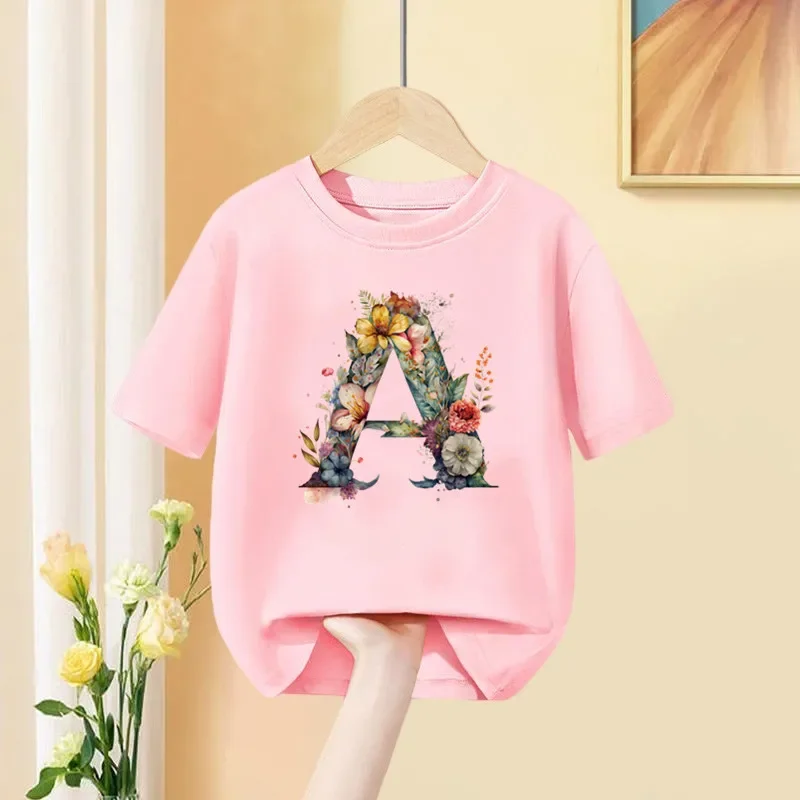 

New Girls T Shirt Custom Name Letter Combination Print Tshirt Flower Letter Font A B C D E F G Short Sleeve Kids Pink Tops