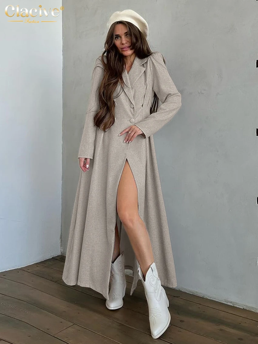 

Clacive Winter Loose Khaki Office Women's Dress Fashion Lapel Long Sleeve Ankle Length Dresses Elegant Classic Slit Female Dress