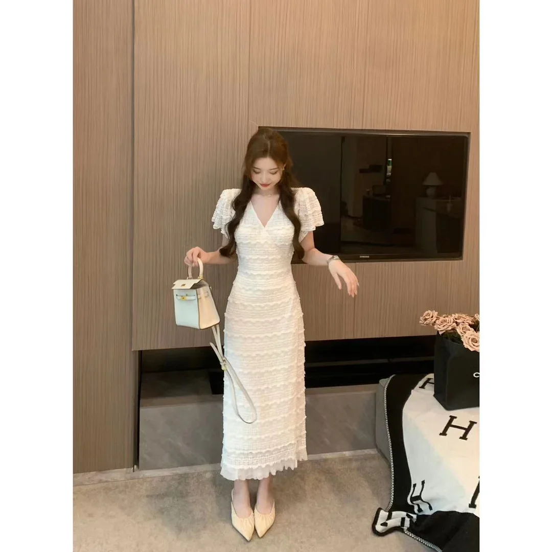 

Summer New Elegant Women Dress Fashion Luxury V-neck Short Sleeve Waist Slim A Line Long Dresses Party Robe Vestidos One-piece