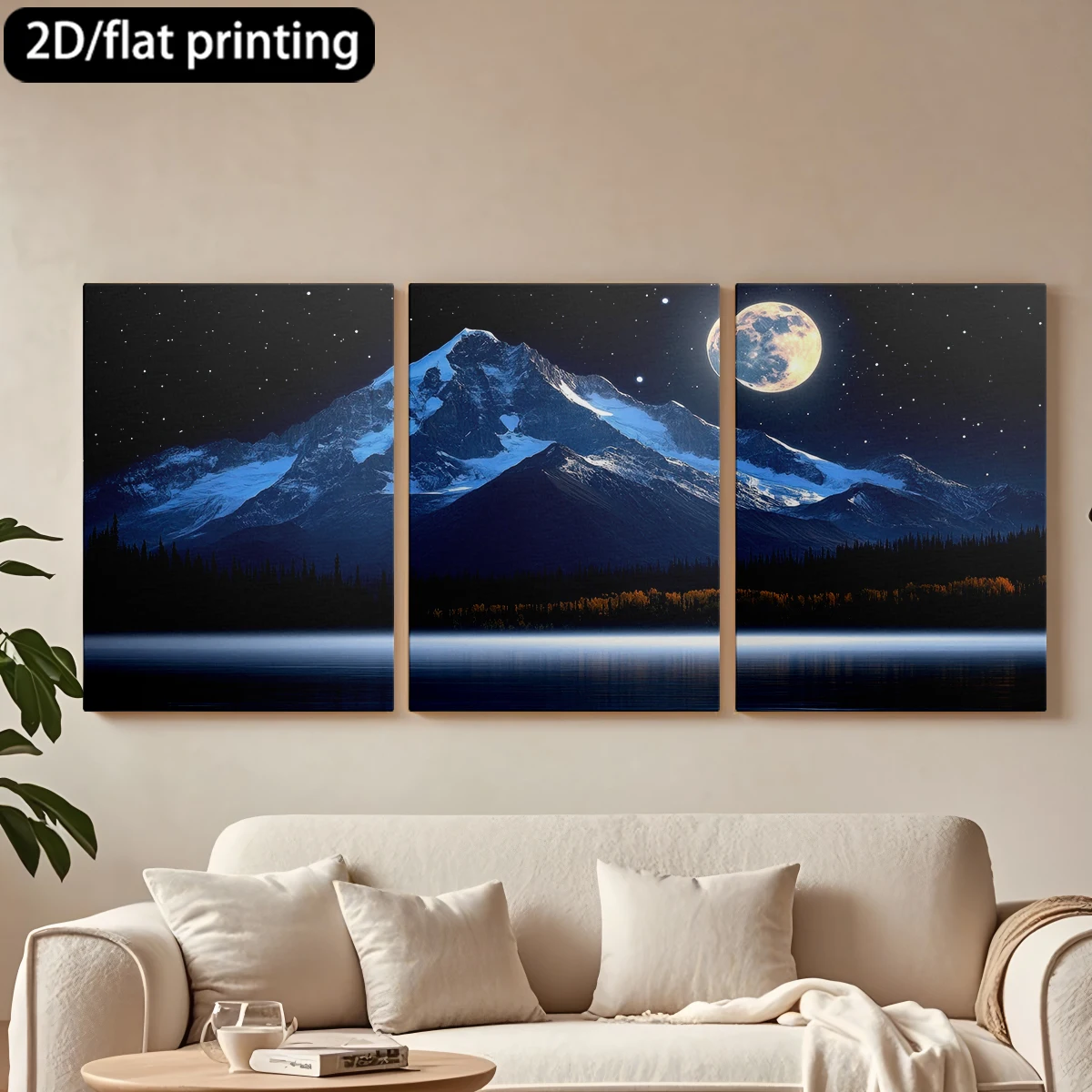 

3pc wooden frame canvas decorative paintingMountain, full moon, stars, tranquil lake.Corridor bedroom decoration