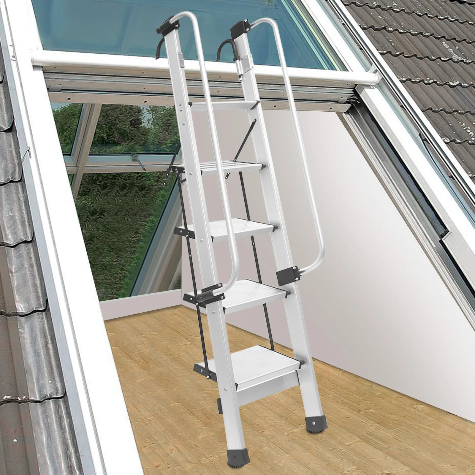 1,2-1,5 m, aleación de aluminio de doble capa de 5 pasos con ganchos Escalera, cama, estante y escalera, adecuada para la vida diaria o la decoración