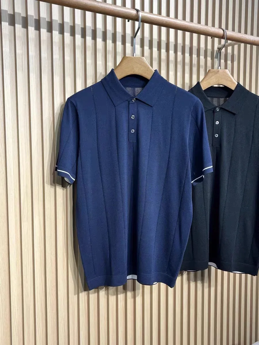 

Высококачественный итальянский вязаный свитер с отложным воротником, простой и роскошный, мужской, с коротким рукавом, удобный, свободного кроя.