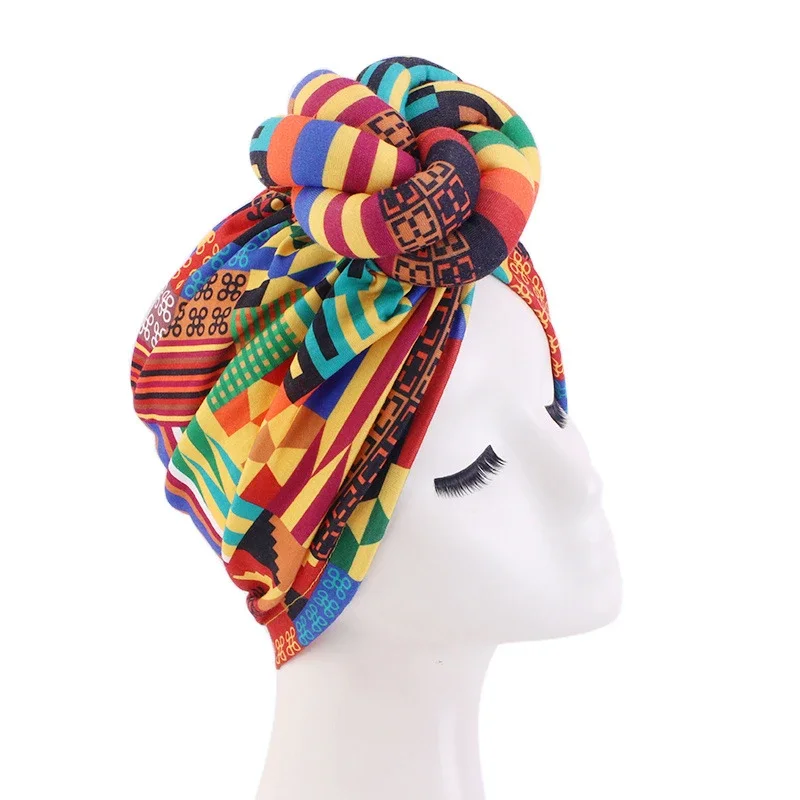 African Pattern Floral Print Knotted Turban Women Chemo Cap Headscarf Beanie Hat Party Wedding Turban Headwear Turbante Mujer