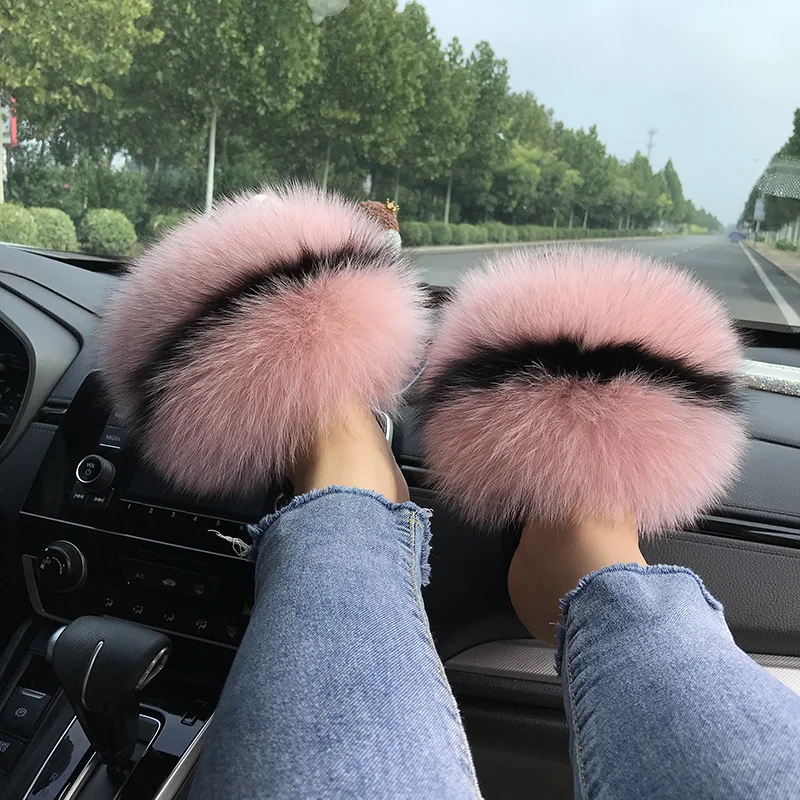 Fox Fur Slippers Women Summer Furry Home Outdoor Flat Sandals Casual Boys Raccoon Slides High Quality Luxury Flip Flops Shoes