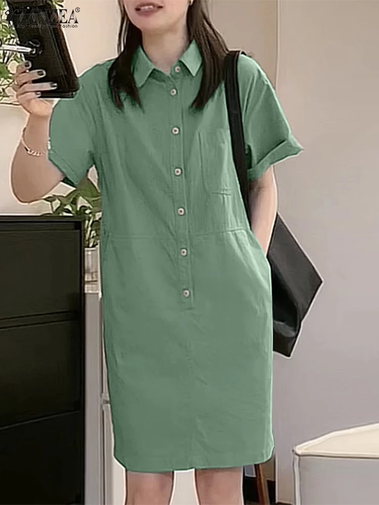 

ZANZEA Women Lapel Collar Shirt Dress Summer FashionShort Sleeve Robe Korean Pocket Buttons Dress Holiday Solid Color Sundress