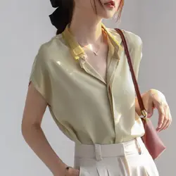 Fashion Lapel Spliced Short Sleeve Plus Size Chiffon Blouse 2022 Summer New Casual Tops Loose Commute Female Clothing Shirt