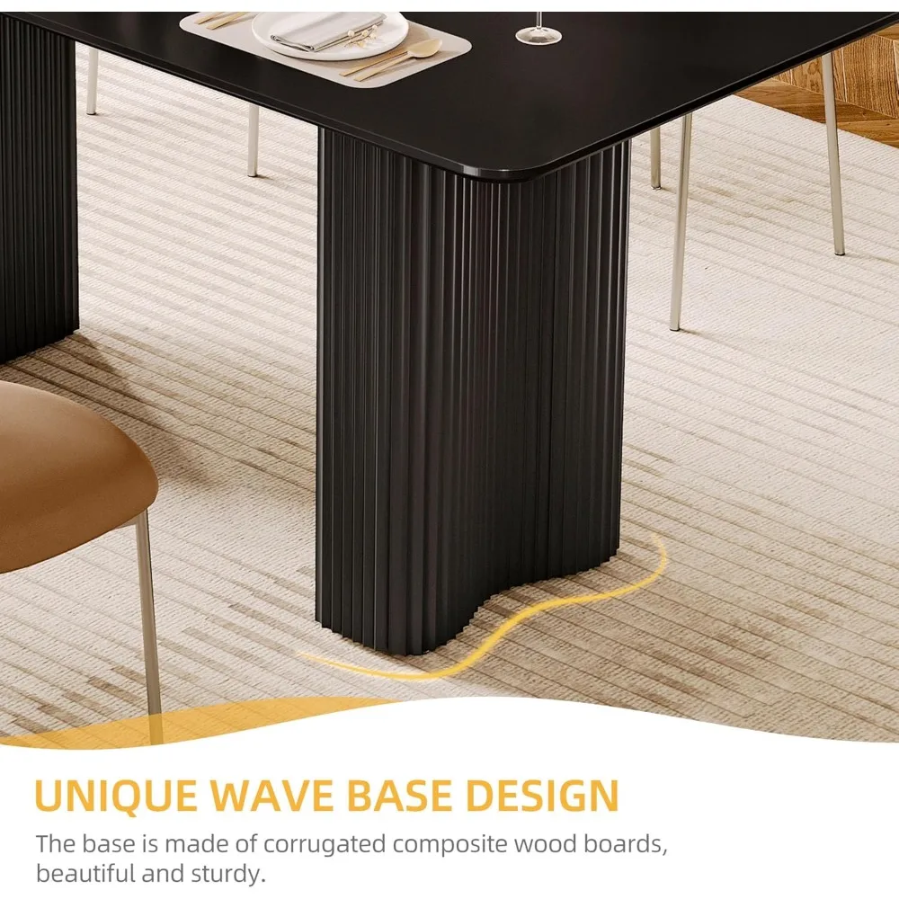 63'' Dining Table for 4-6 People Modern Rectangular Kitchen Table with Solid Wave Curved Legs Large Cream Black Dinner Table