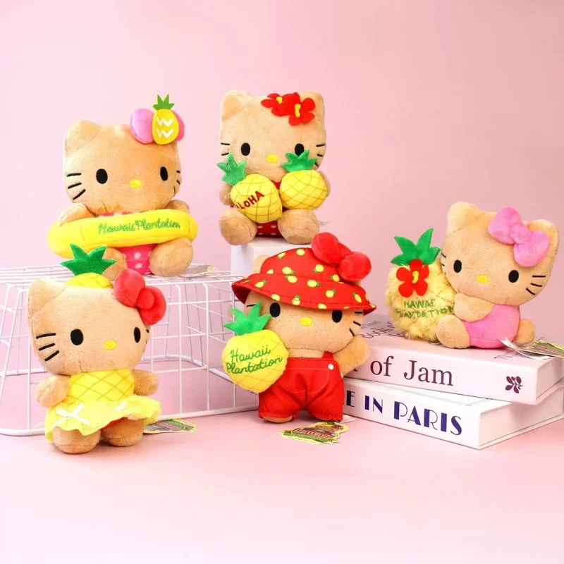 Llavero de peluche de 12 cm de Hello Kitty con diseño de piña hawaiana negra, muñeco de algodón PP, colgante kawaii para mochila escolar