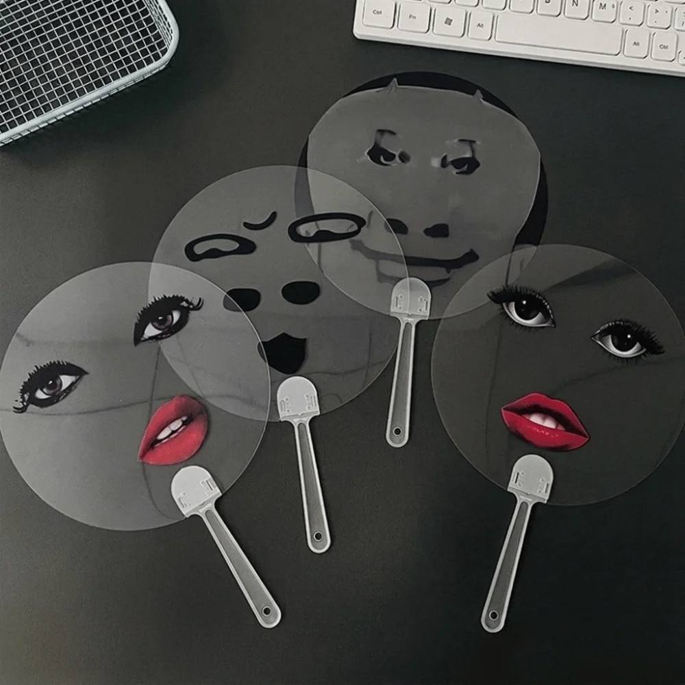 6Pcs Novel Gift Funny Creative Expression Fan Transparent Round Hand Fan Cooling Waterproof Abstract Art Fan Summer