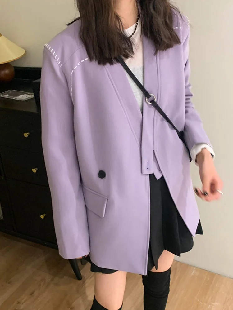 Streetwear Loose Purple Blazer Women Long Sleeve Casual Oversize Suit Coats Fashion Fall New Korean Female Design V Neck Outwear