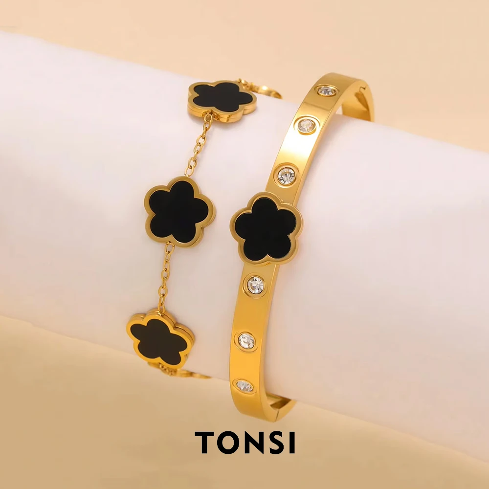 2 Pieces Stacking Stylish Cinquefoil + Cinquefoil with Zirconia Bracelet Stainless steel does not fade Suitable for daily wear