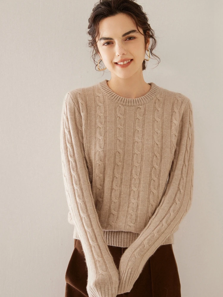 ADEWhatsApp-Pull en cachemire à col rond pour femme, pull en tricot torsadé, tricots en cachemire, vêtements féminins doux, automne, hiver, 100%