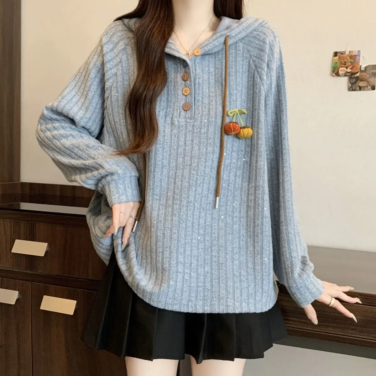 

Japan Plus Size New Fashion Joker Autumn And Winter Plus Velvet Padded Women Stitching Loose Sweater Long Sleeve Leisure