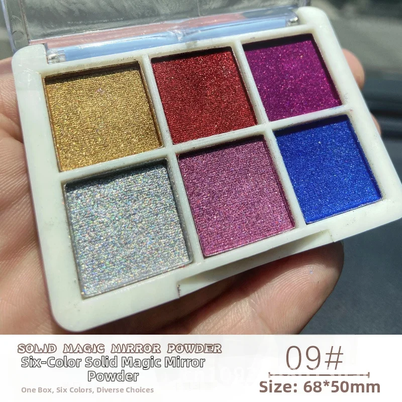 Conjunto de 6 cores de pó espelhado mágico sólido, sombra de olhos super brilhante para arte em unhas, aurora, gancho, ondulação de água, farinha dourada com esponja