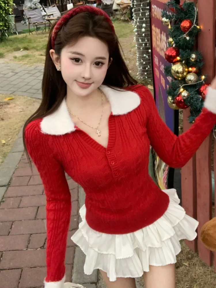 

Slim Fit Knitted Sweater Women's Spring Autumn Fashionable Stripe Pattern Long Sleeve Fluffy Collar Knitwear Casual Top