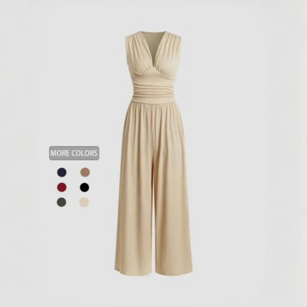 

2025 Summer Women Solid Color Jumpsuit Sleeveless V Neck Knit Romper High Waist Pleated Wide Leg Pants