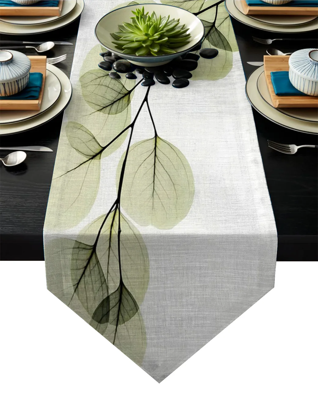 Green Leaves Branches Simple Modern Table Runner For Wedding Party Chirstmas Cake Floral Tablecloth Home Decoration