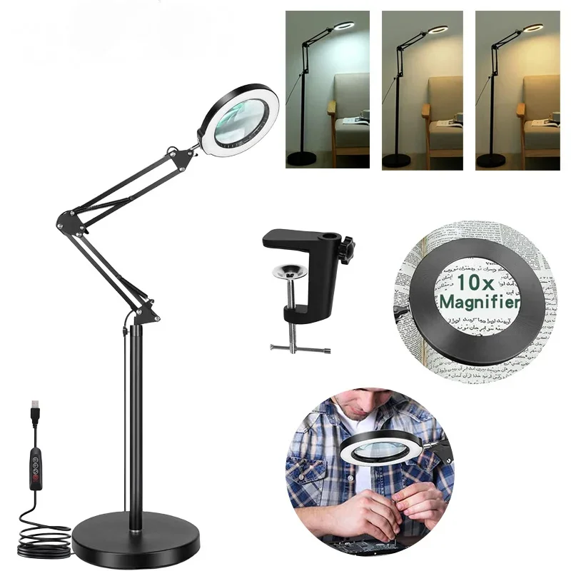 Floor Standing Desk Lamp Magnifying Glass Optical Lens 10X Tattoo Embroidery Reading Style 3-Color Light Adjustment