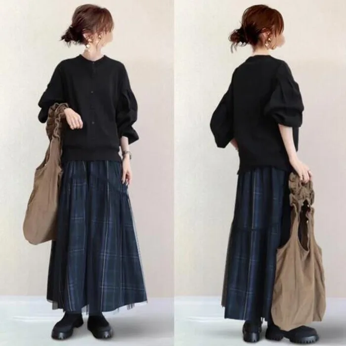 

Loose Fit Two-Piece Set Open Cardigan Sweater Me Skirt Princ Sve Mid-Length Handmade Sewn Warm Fce Winter Faion