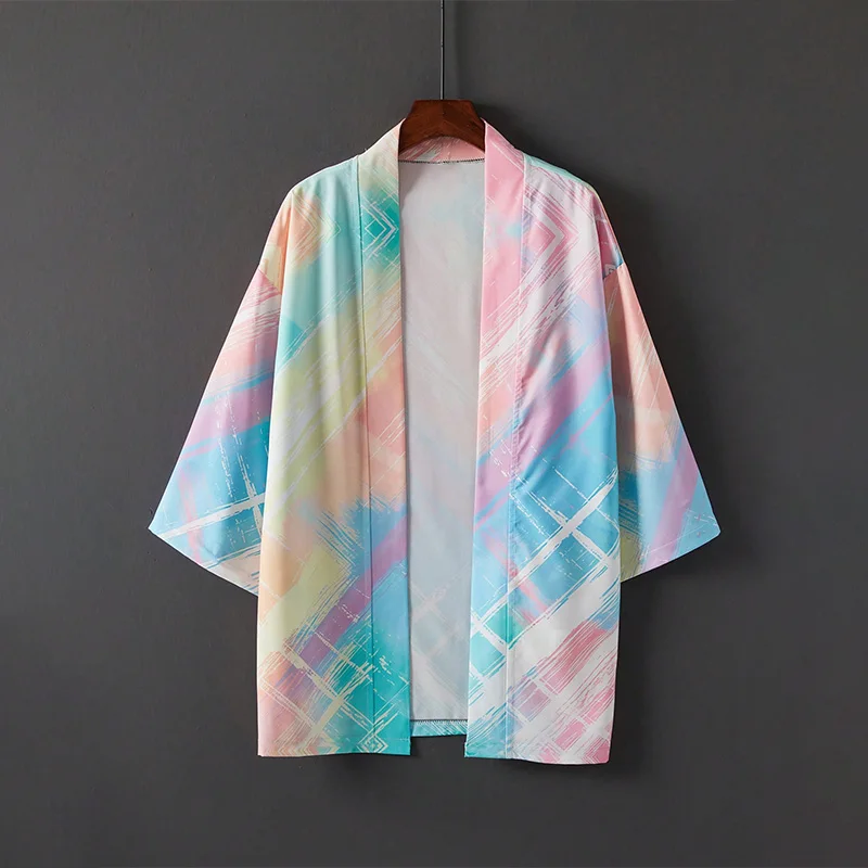 

Модное элитное кимоно в японском стиле с цветным градиентом и 3D принтом, летний свободный кардиган больших размеров для пары, пляжный купальник в стиле отдыха, накидка, цельный халат