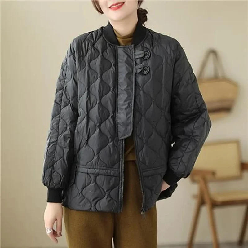 

2023 Prismatic Lattice Quilted Two Button Thickened Warm Stand Collar Baseball Down Jacket Casual Loose Cotton-padded Jacket