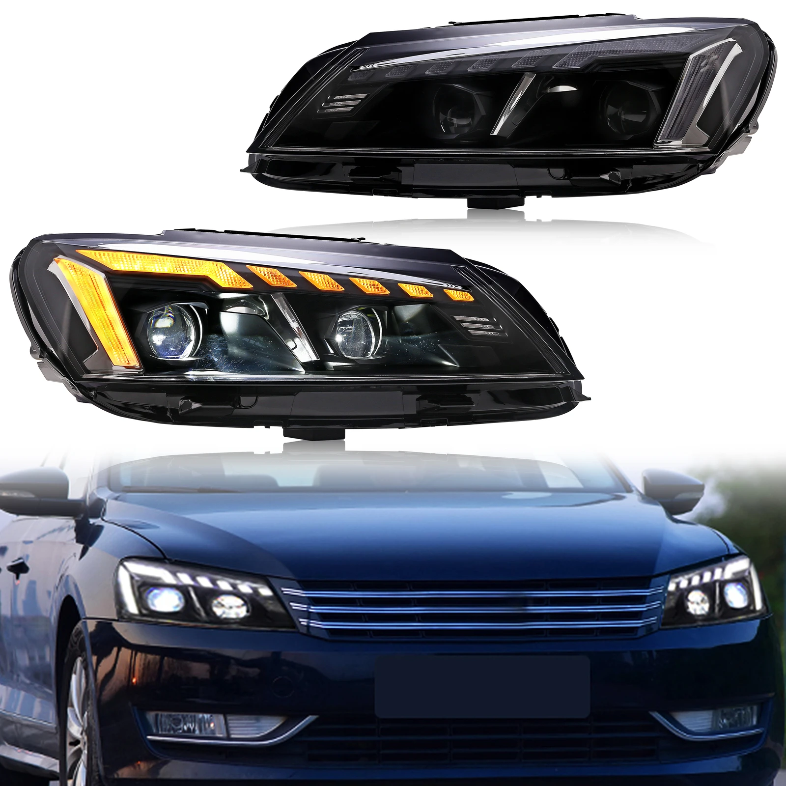 

LED Headlights for Volkswagen VW Passat B7 2012-2015 TDI SE DRL Projector Sequential Turn Signal Front Lamps Pair Assembly