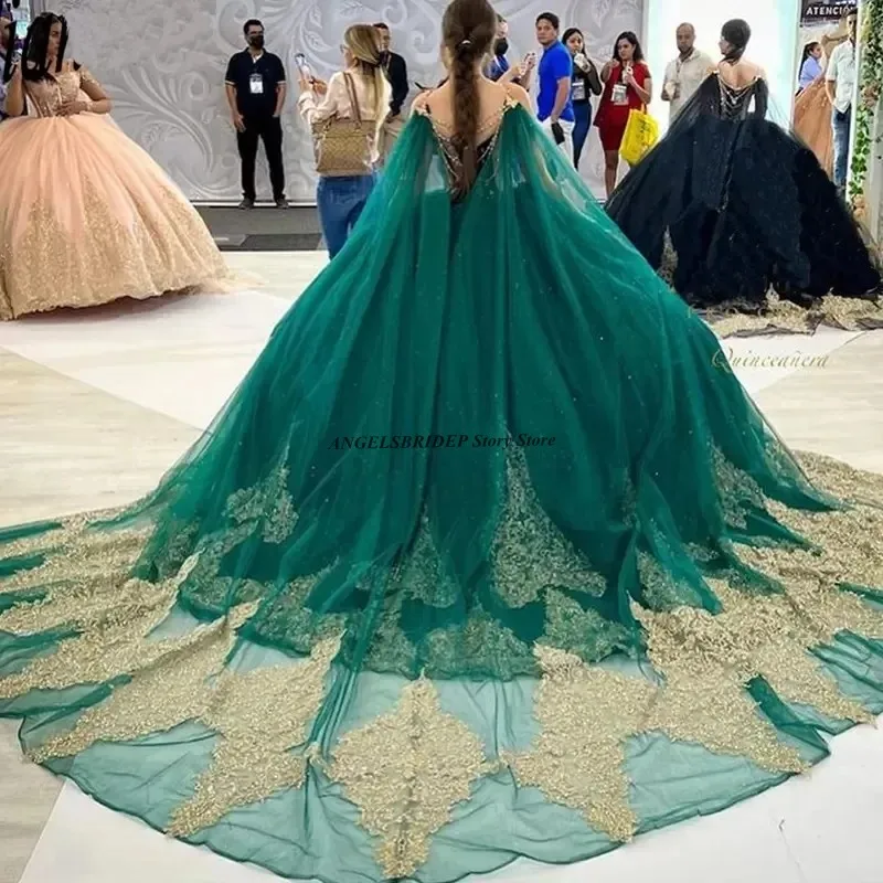 ANGELSBRIDEP-vestido De quinceañera verde oscuro, apliques dorados a mano, vestido De baile De cola, Vestidos De soiré De 15 Años