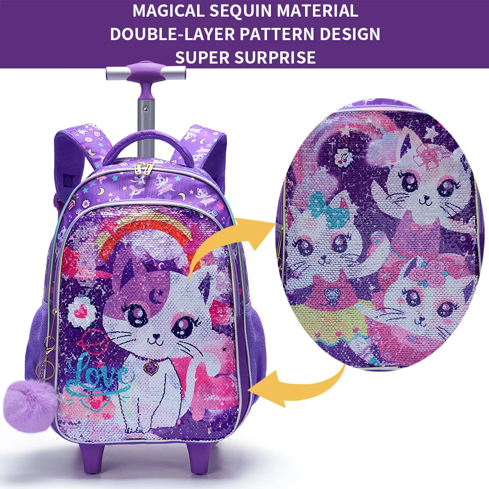 3PCS set Rolling Backpack For Girls, Cute Cartoon Cat Sequin Wheeled Bookbag For Elementary Students, With Lunch Box And Pen Bag