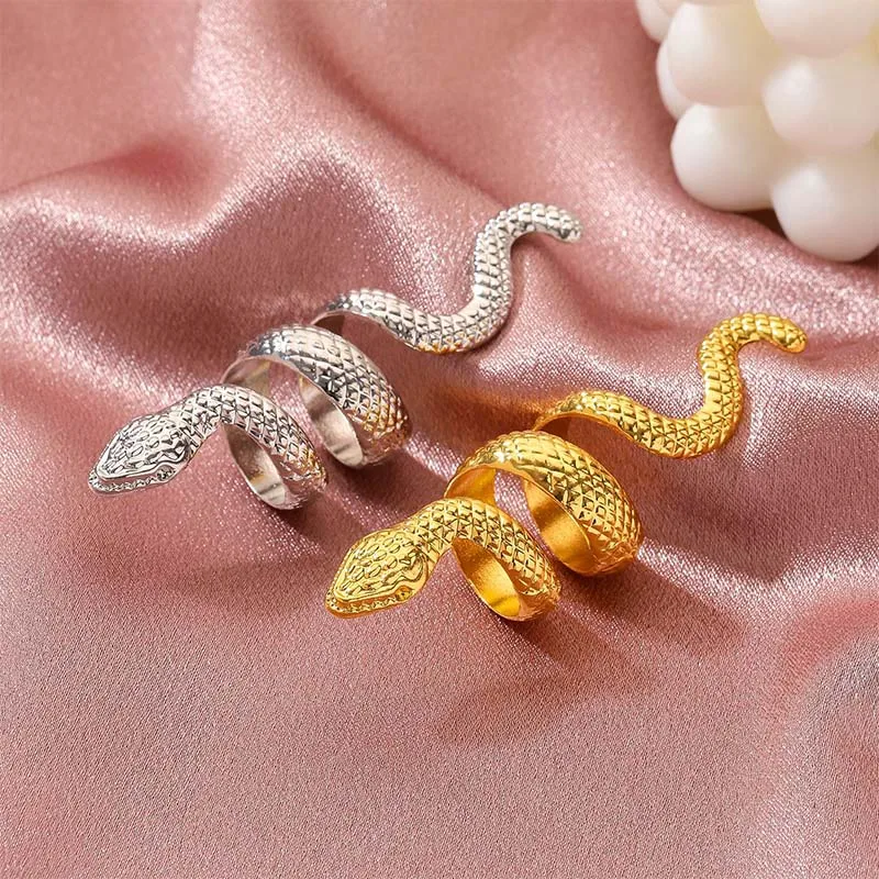Foxanry Silver Color Snake Geometric Rings For Women Couples Punk Hip Hop Vintage Exaggerated Personality Party Jewelry Gifts