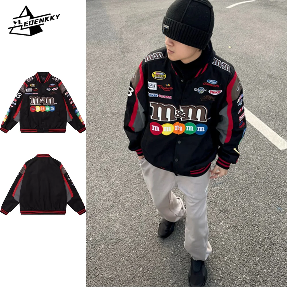 High Street Bomber Jacket Men Women Vintage Embroidered Colour-blocked Loose Coat Harajuku Hip-hop Couple Baseball Jacket Unisex