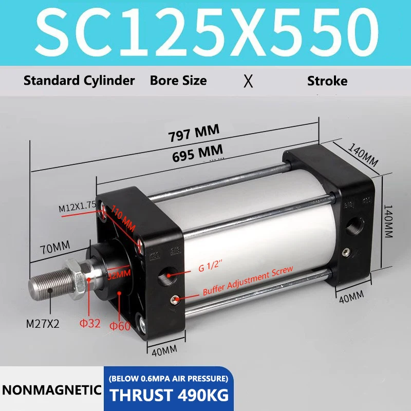 ABILKEEN SC125X550 Standard Pneumatic Cylinder 125mm Bore Size X 550 MM Stroke Double Acting Air Standard Cylinder