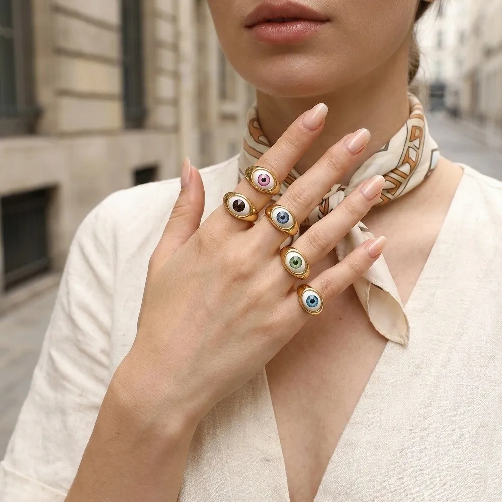 Overlay Copper Gold Plated Demon Eyes Finger Ring Personalized Vintage Resin Eyes Ring Cool Creative Punk Eyeball Ring Hipster