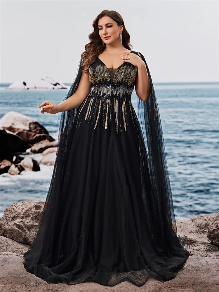 XUIBOL Luxury Floor-standing sleeves Sequins Evening Dresses Women V-neck Formal Wedding Party Cocktail Gowns Vestidos