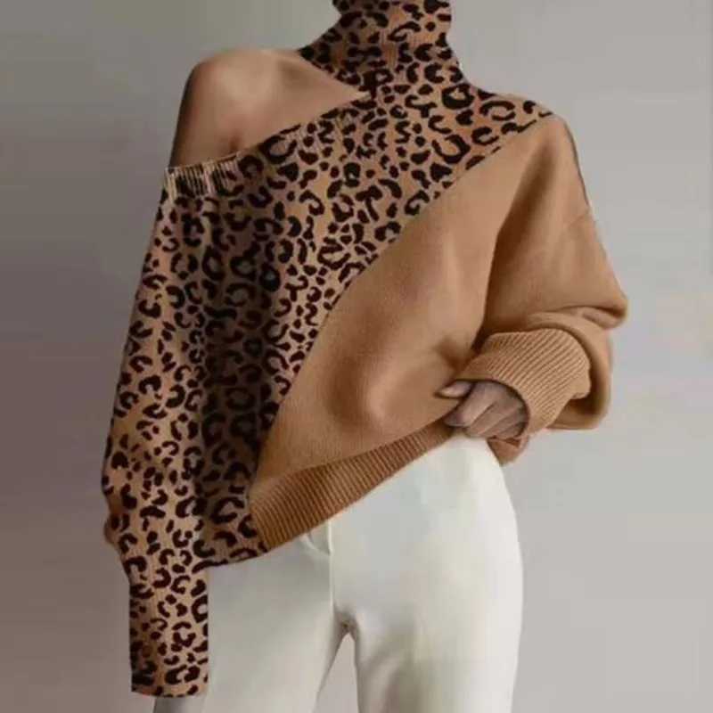 Women\'s Wild Off Shoulder Knitted Sweaters High Collar Leopard Printed Long Sleeve Pullover Sueter Navideno Splicing Sweaters