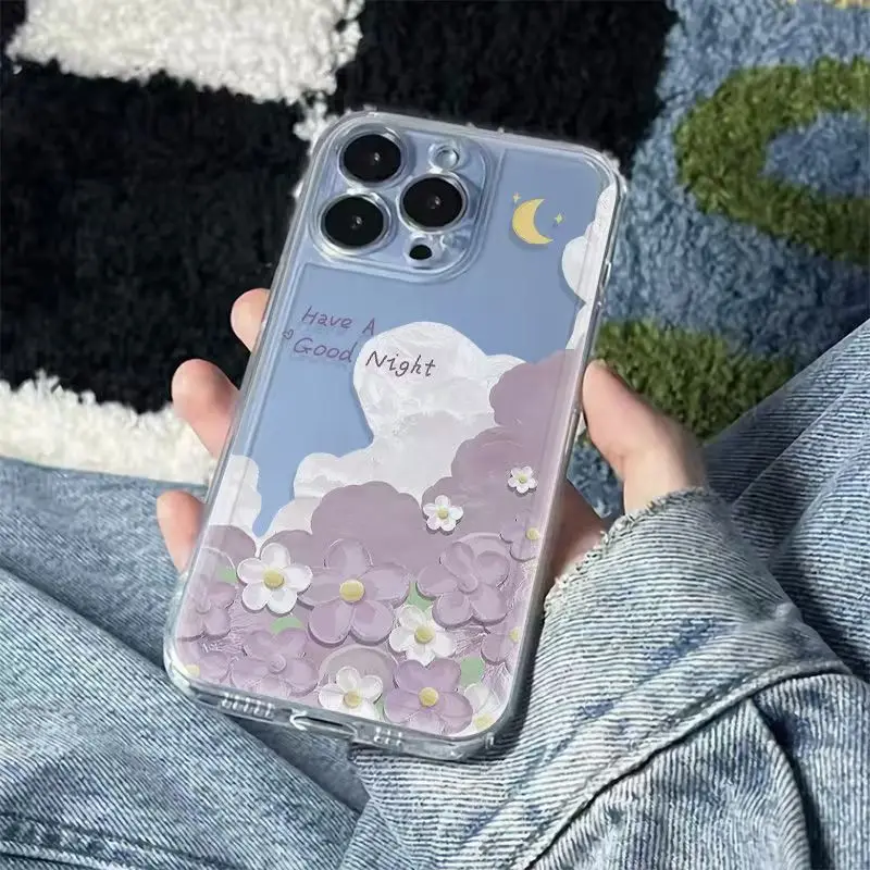 

Purple Flower And Moon Phone Case For iPhone 16 15 14 13 12 11 Pro XS MAX 7 XR 8 7 Plus Clear Cover Fundas