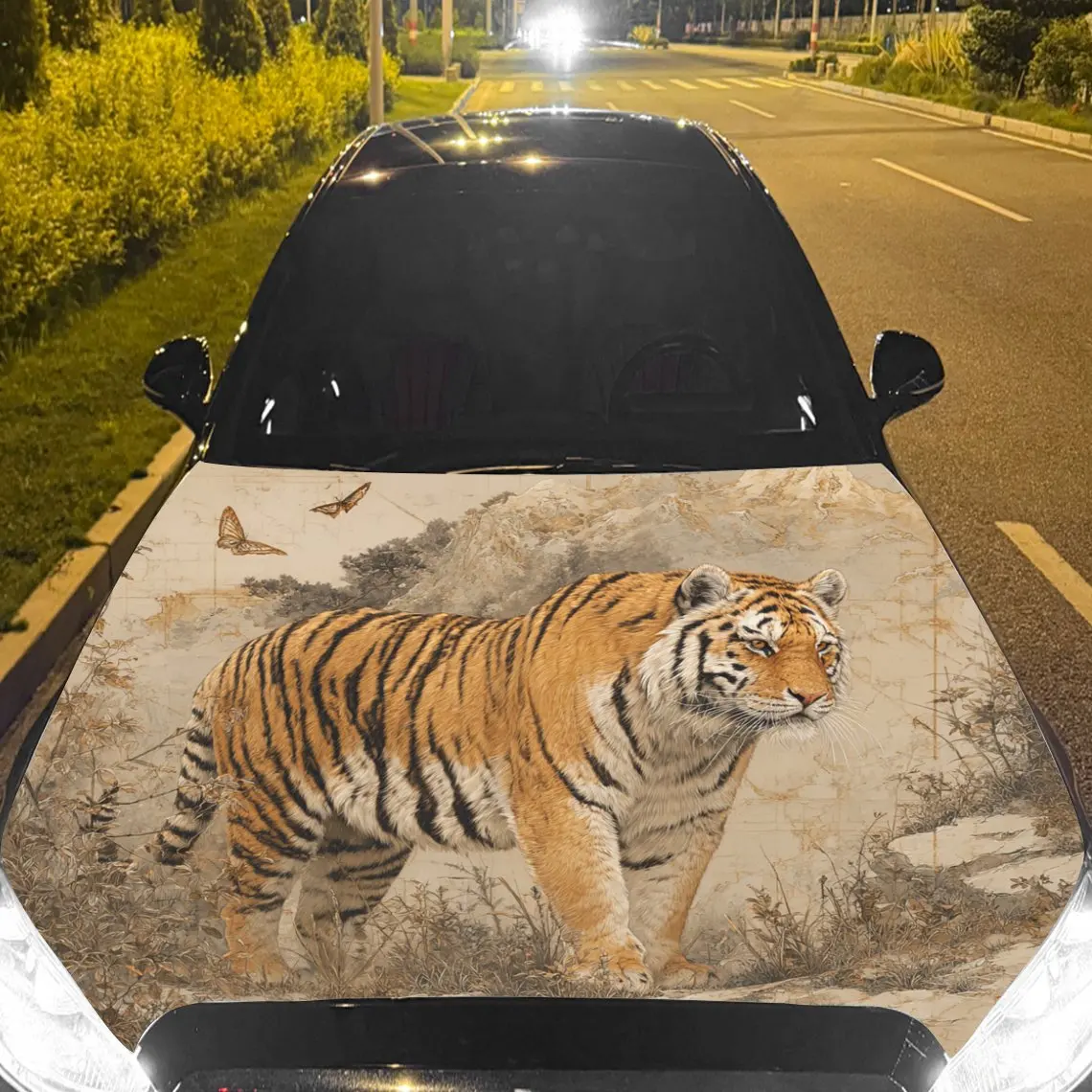 Autocollants de voiture tigre avec fourrure rayée, une Expression de marche et une encre-lavage-autocollant de capot de voiture de scène de Style, auto-adhésif imperméable