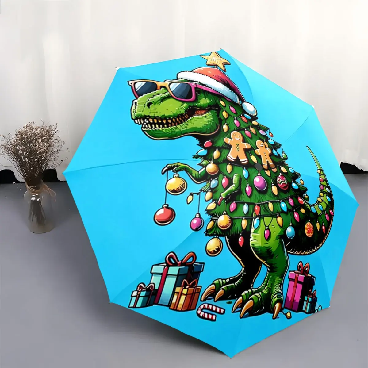 

Dinosaur Christmas Umbrella with Lights & Gingerbread Figures - Automatic Open/Close, 8-Rib Sturdy Frame, Compact Travel Umbre