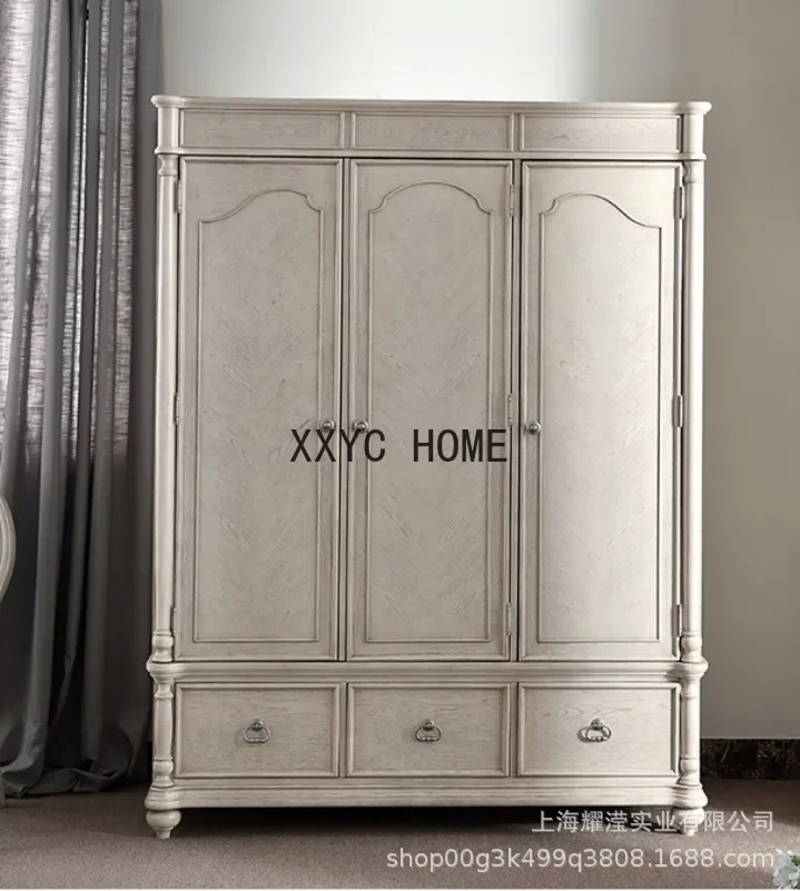 

Solid Wood Vintage Wardrobe Bedroom Oak White as Old Wardrobe with Drawer Three-Door Wardrobe