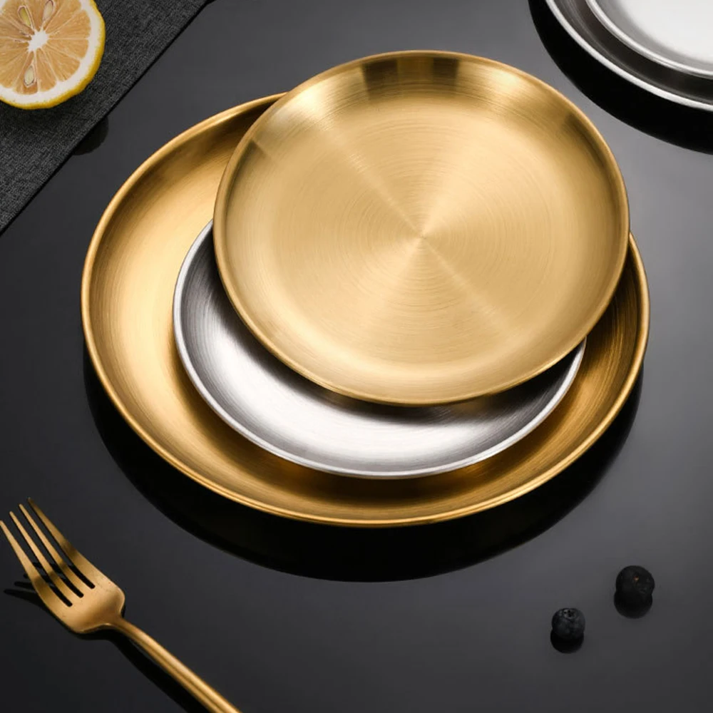 1Pc Stainless Steel Round Plate Bone Spitting Dish Shallow Tray Metal Camping Plate Dining Disc BBQ Picnic Dishes Cookware