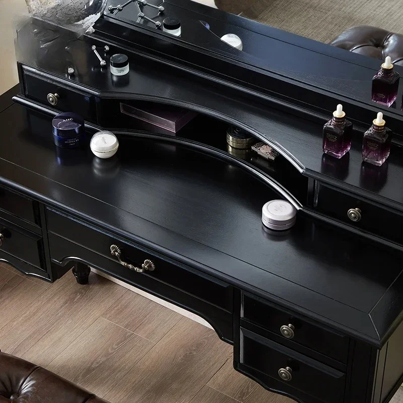 

For Villa Black Wood Vanity Table Bedroom American Big Storage Mirror Dressing Table Makeup Desk Drawers Coiffeuse Furniture