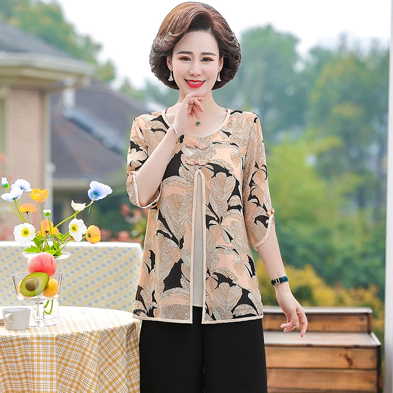 New Summer womens clothing Middle-aged women Fake Two-Piece Set Casual Print Loose Women\'S shirt