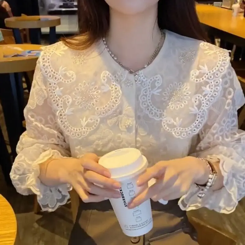 2023 Spring Summer French Lace Print Solid Color Women Shirts Blouse Chic Doll Collar Retro Button Long Sleeve ShirtsTops Tide